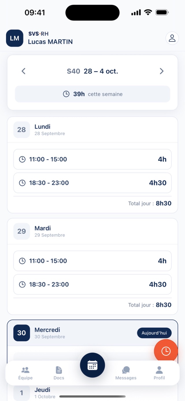 L'application mobile SVS Collab : le planning de la semaine d'un salarié, avec ses horaires jour par jour et le total d'heures.