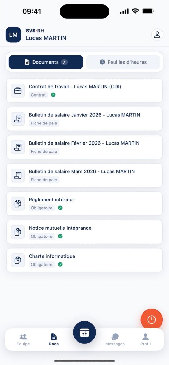 L'application mobile SVS Collab : les documents d'un salarié, son contrat, ses bulletins de salaire et les documents obligatoires signés.